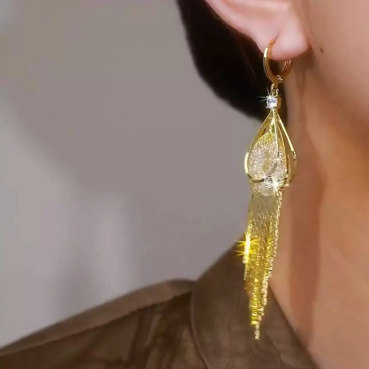 Mesh crystal tassel earrings24k gold plated)