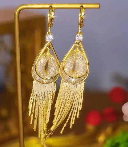 Mesh crystal tassel earrings24k gold plated)