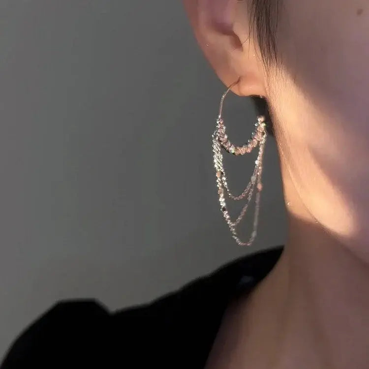 Micro zircon C-shaped long tassel earrings(s925 sterling silver)